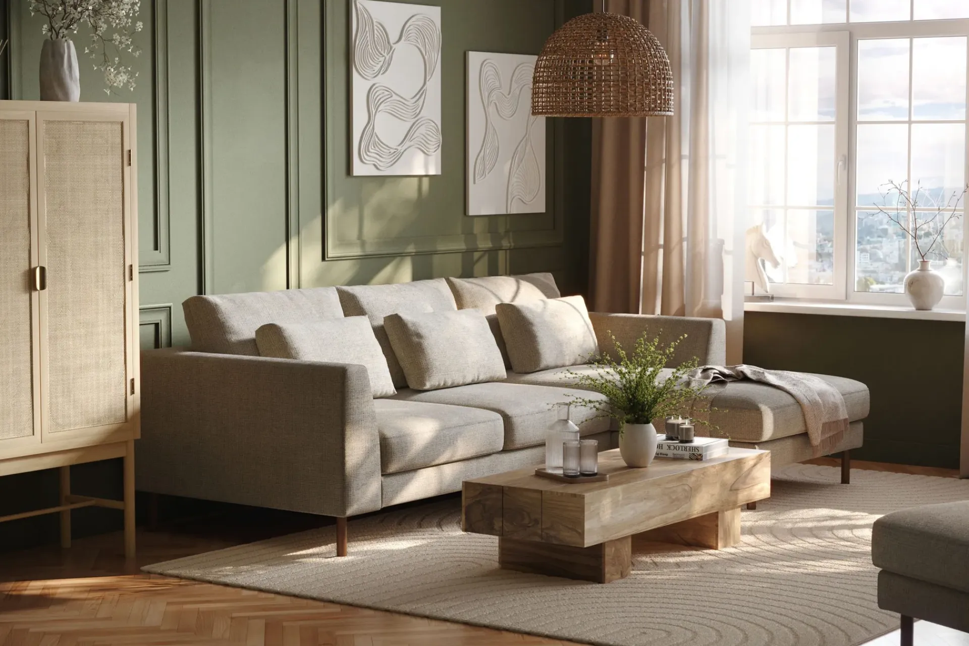 Scandi Days Sofa Med Sjeselong-Florenz 3-seters Høyrevendt L-formet Sjeselongsofa i Chenille Grå/Beige