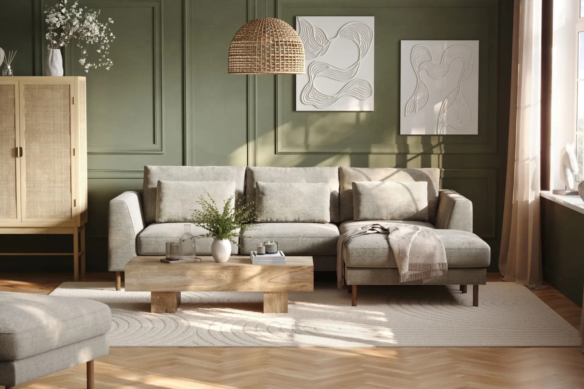 Scandi Days Sofa Med Sjeselong-Florenz 3-seters Høyrevendt L-formet Sjeselongsofa i Chenille Grå/Beige