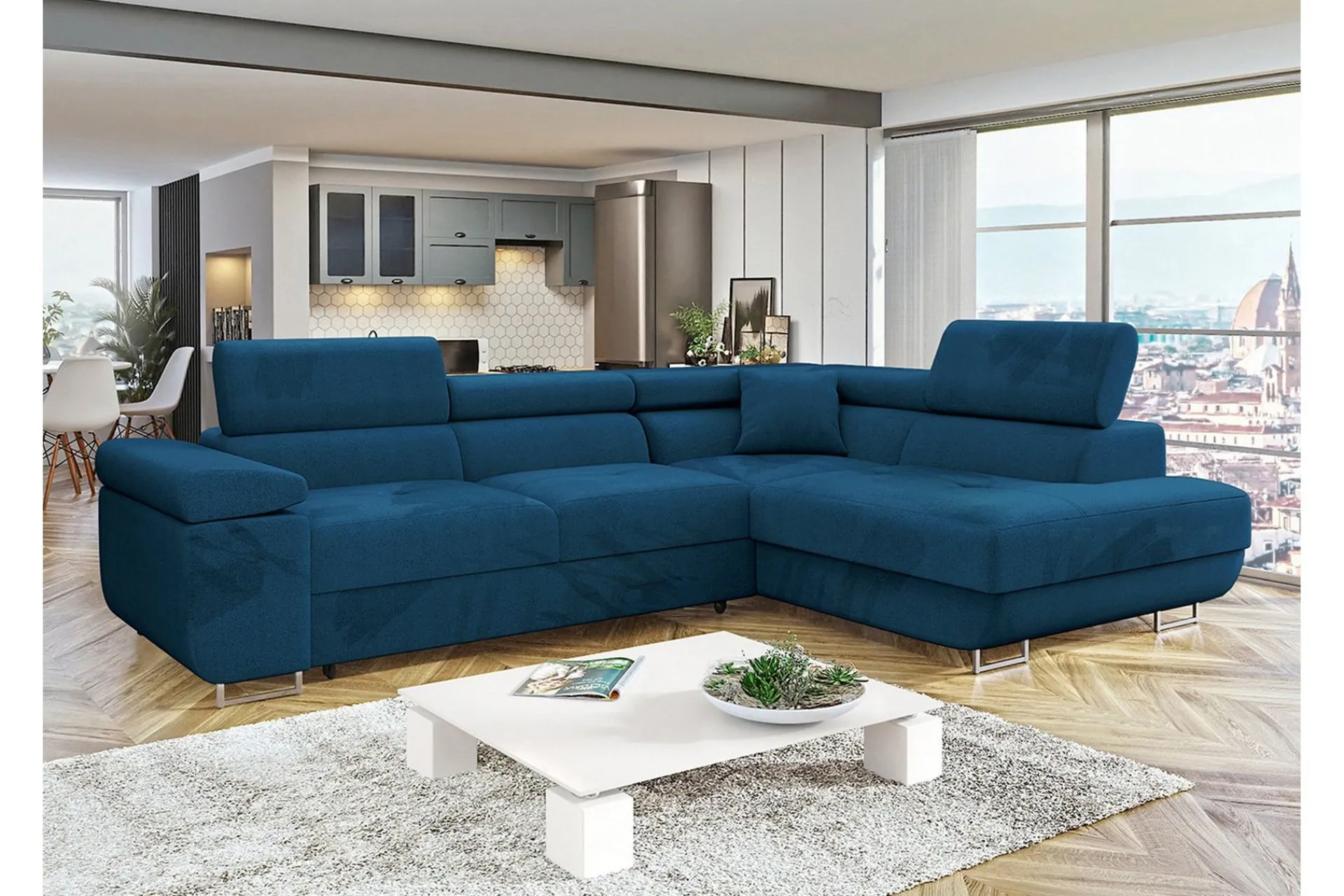 Sofa Med Sjeselong-Gabina Sofa med Sjeselong 3-seter Blå