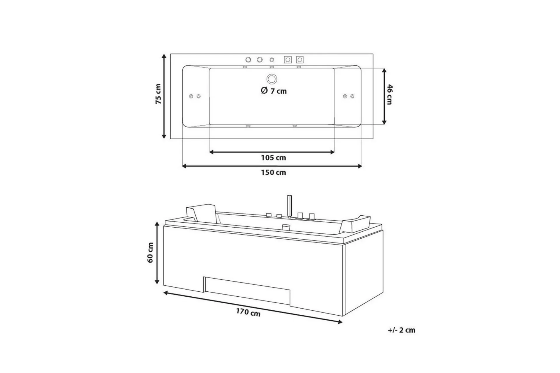 Baderom-Galley Boblebadekar 170 cm Hvit