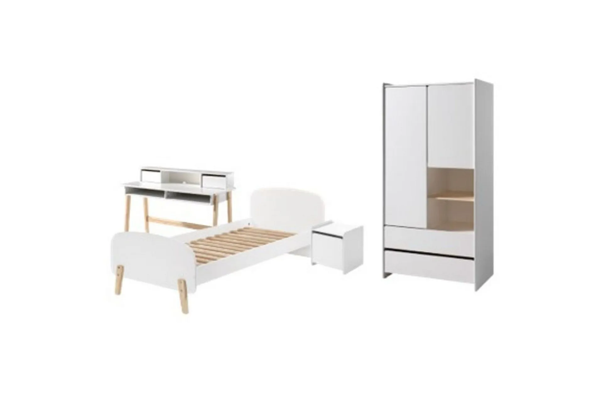 Møbelsett Til Soverom-Garderobe med seng nattbord skrivebord Kiddy Hvit