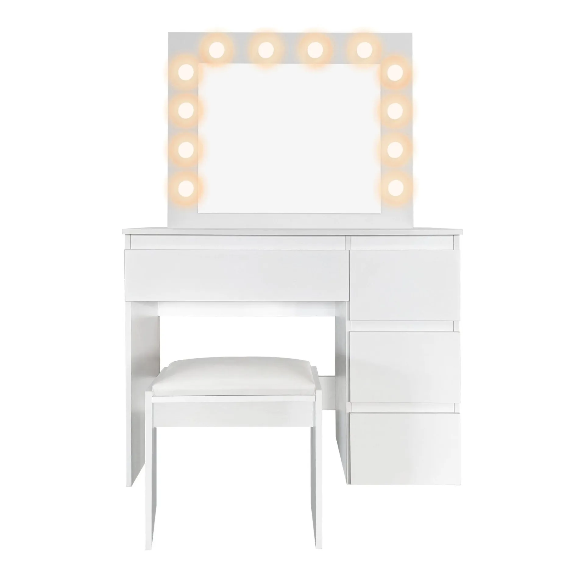 Sminkebord & Toalettbord-Glow Sminkebord 94 cm med speil skuffer og krakk - LED Belysning Hvit