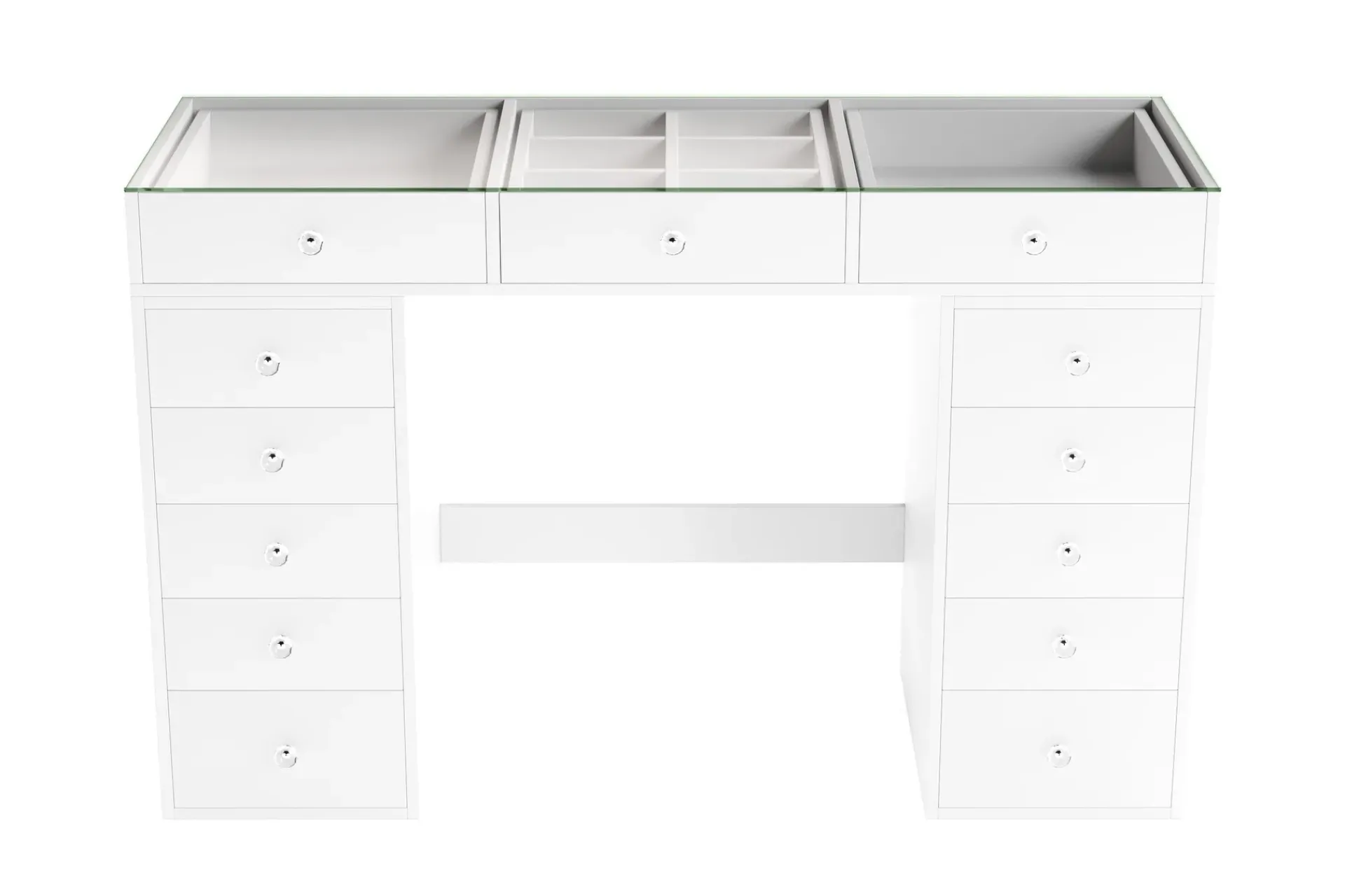 Glow Stort sminkebord med glassplate Oppbevaring med skuffer og rom 120 cm