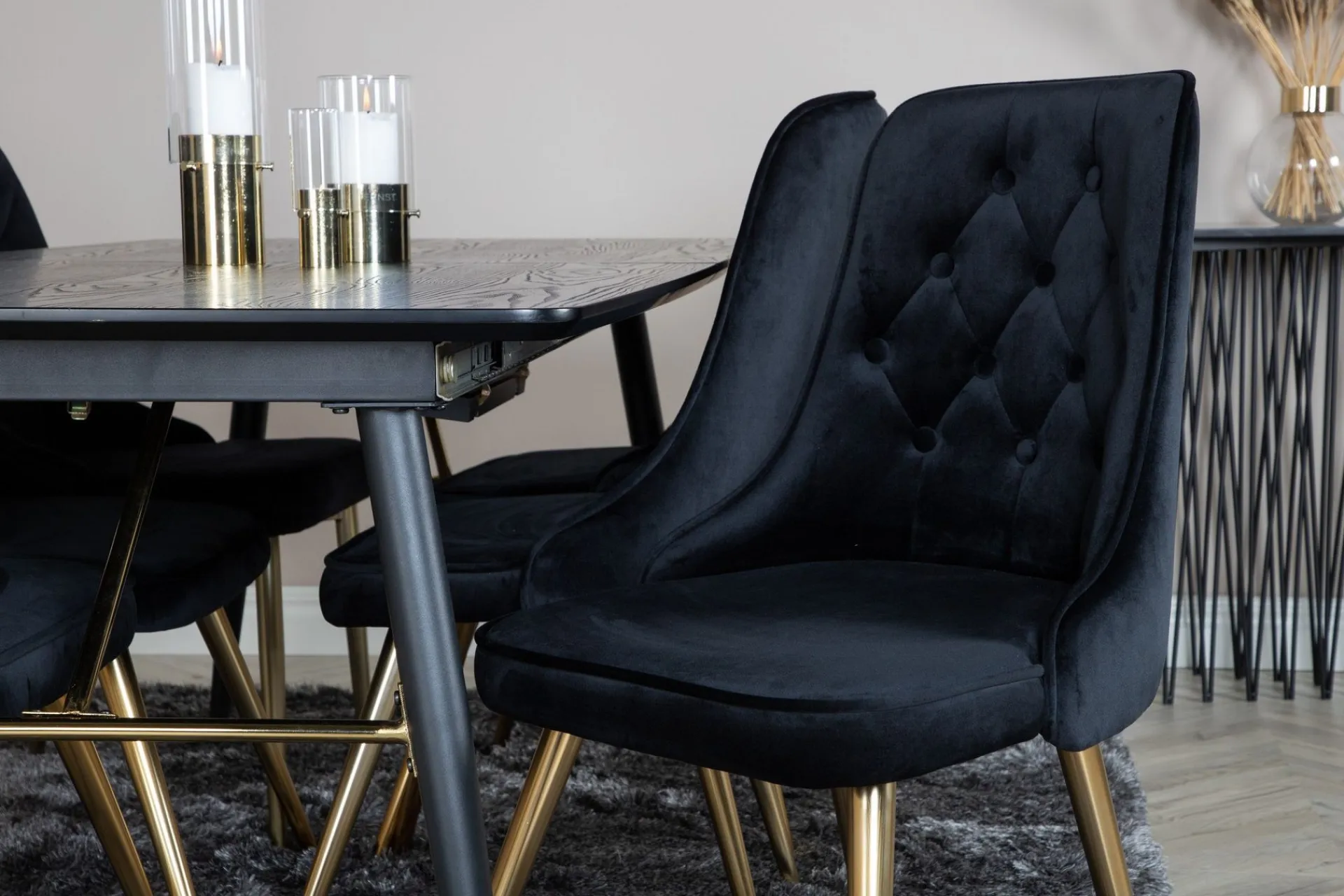 Venture Home Spisegrupper-Gold Spisegruppe Forlengningsbar 180-220 cm Rektangulær med 6 Velvet Stoler Svart,Gull