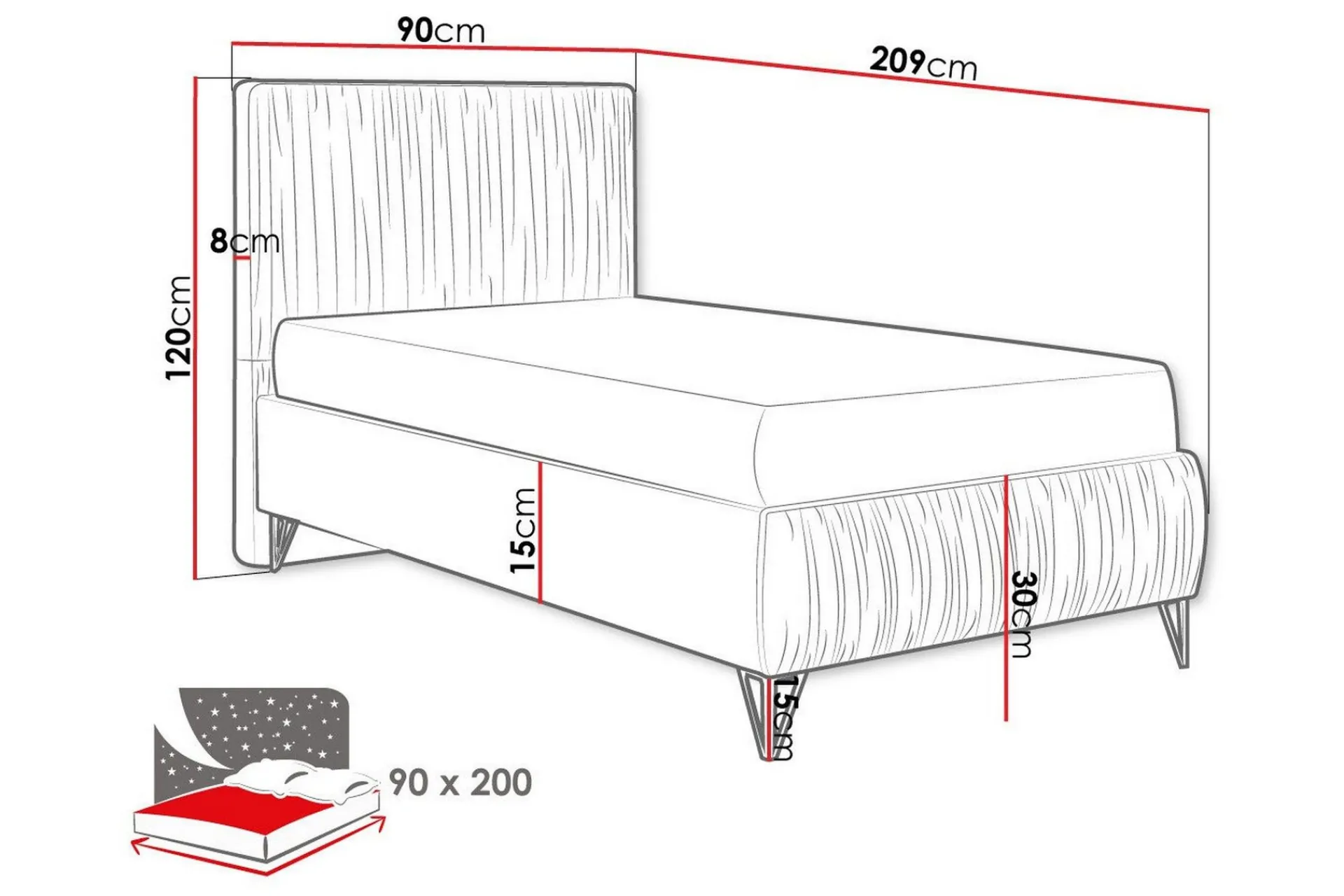 Komplett Sengepakke-Gortin Rammeseng 90x200 cm Mørkegrå