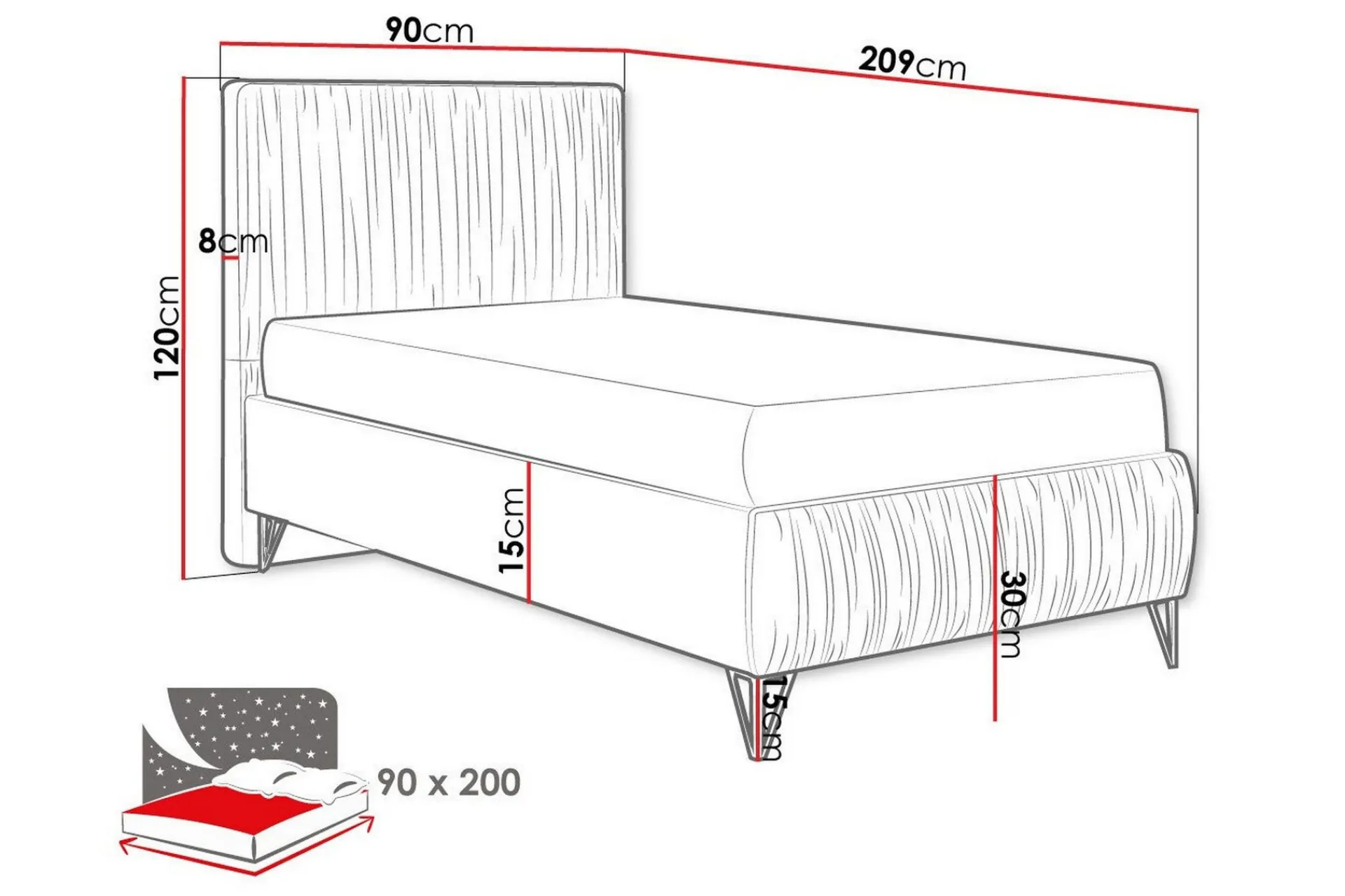Komplett Sengepakke-Gortin Rammeseng 90x200 cm Mørkeblå