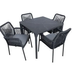 Hagemøbelsett HOME4YOU Carves bord og 4 kryssflettede stoler