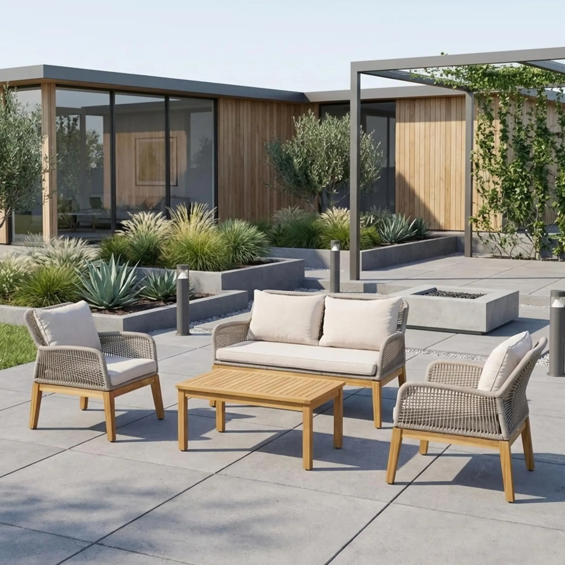Cafesett|Balkonggrupper-Hagemøbelsett HOME4YOU Florida bord, sofa og 2 lenestoler Beige