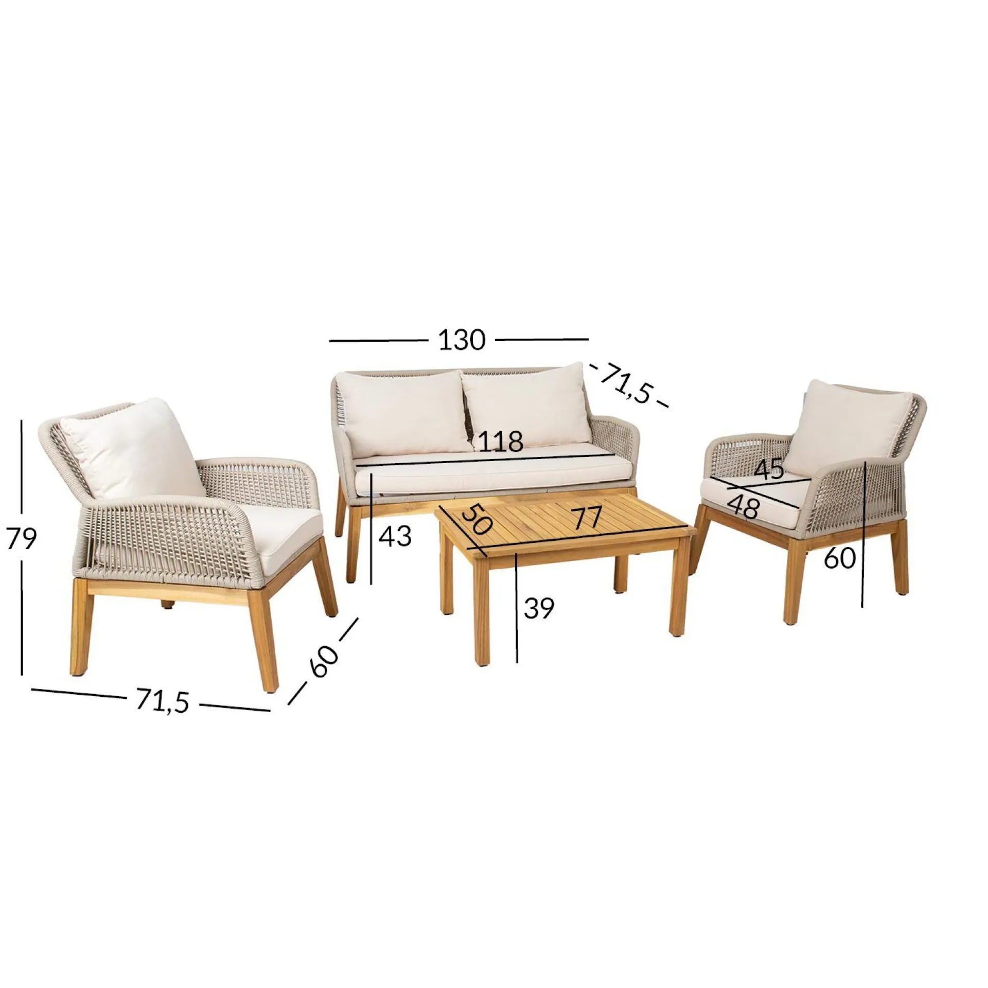 Cafesett|Balkonggrupper-Hagemøbelsett HOME4YOU Florida bord, sofa og 2 lenestoler Beige