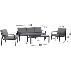 Hagemøbelsett HOME4YOU Lona bord, sofa og 2 stoler grå/svart