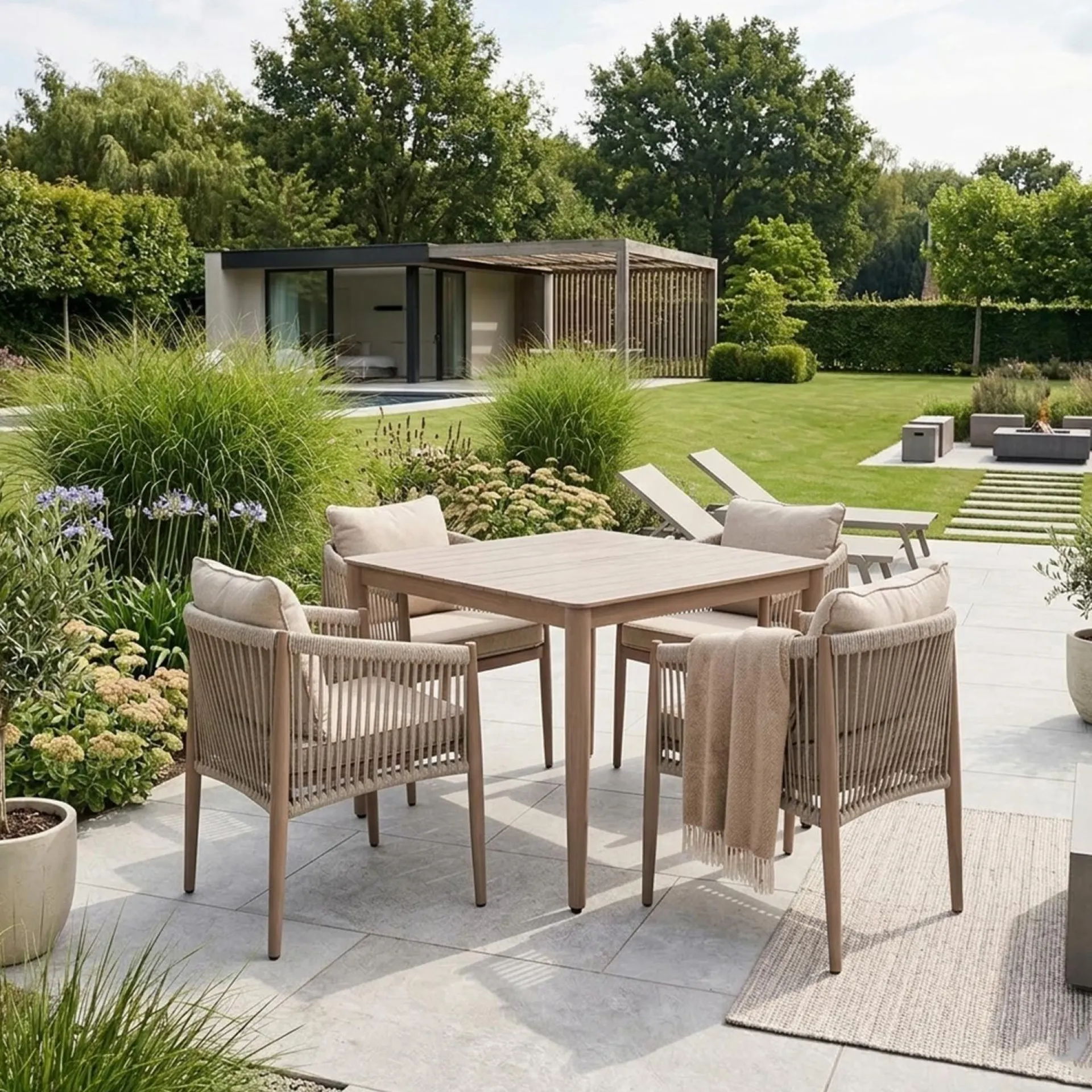Spisegrupper Hage-Hagemøbelsett HOME4YOU Medina bord og 4 stoler Beige