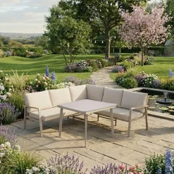 Veranda & Terrasse|Loungemøbler Salg-Hagemøbelsett HOME4YOU Upland bord og hjørnesofa Beige