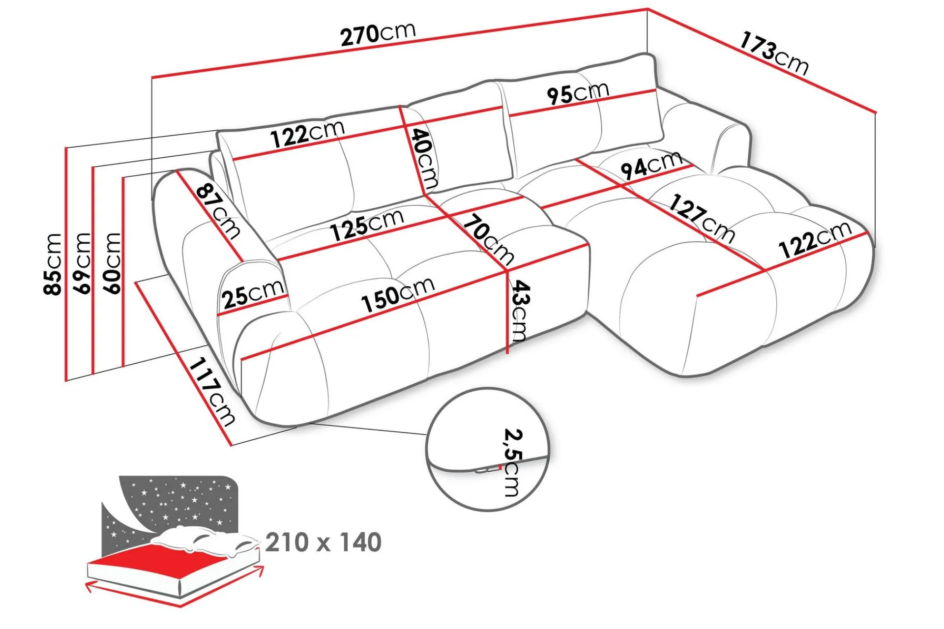 Sofa Med Sjeselong|2 Seter Sofa-Handu Sovesofa med Sjeselong 3-seter i Bouclé Beige