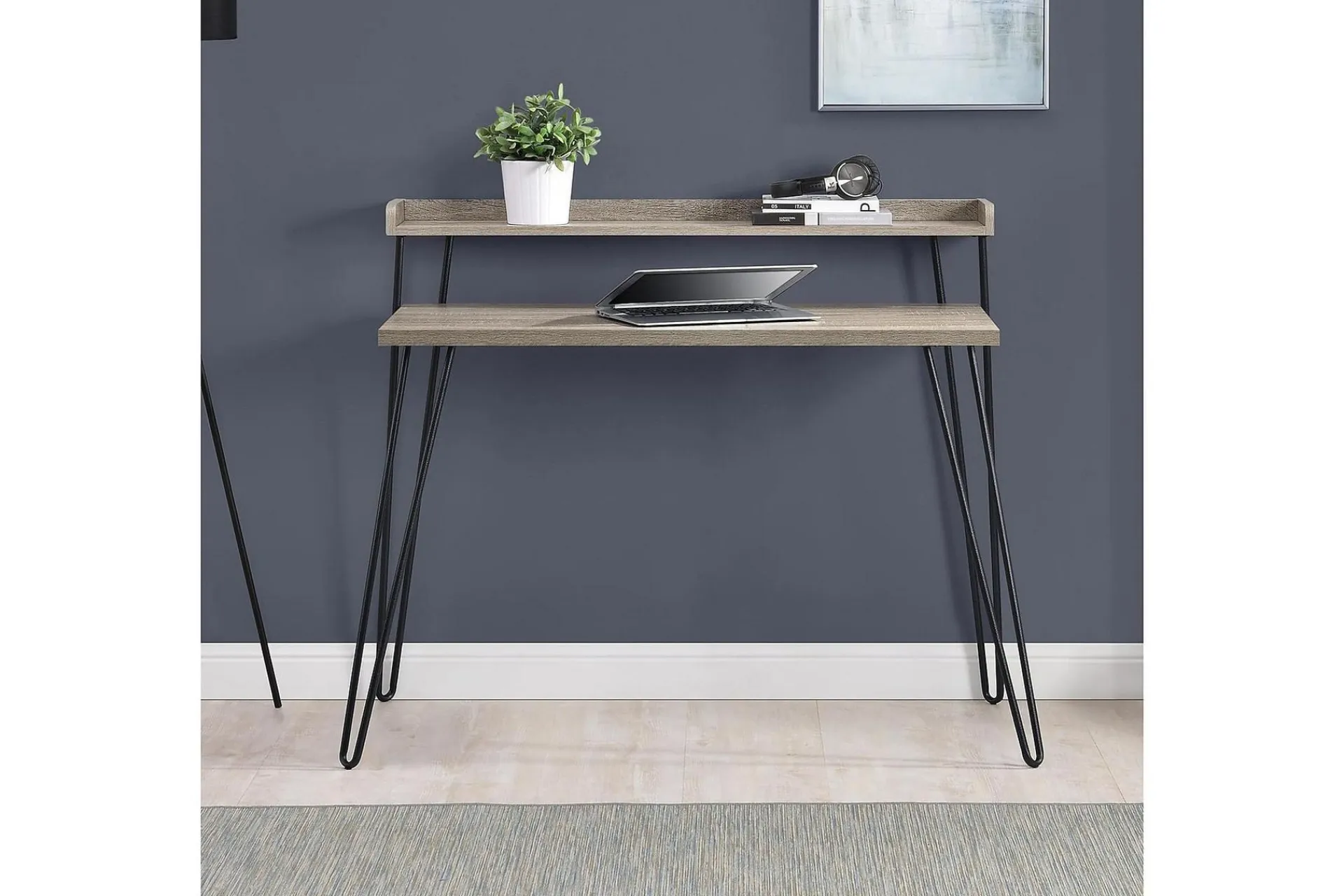 Dorel Home Kontorbord-Haven Skrivebord 114 cm med Oppbevaringshylle Grå/Svart Grå eik