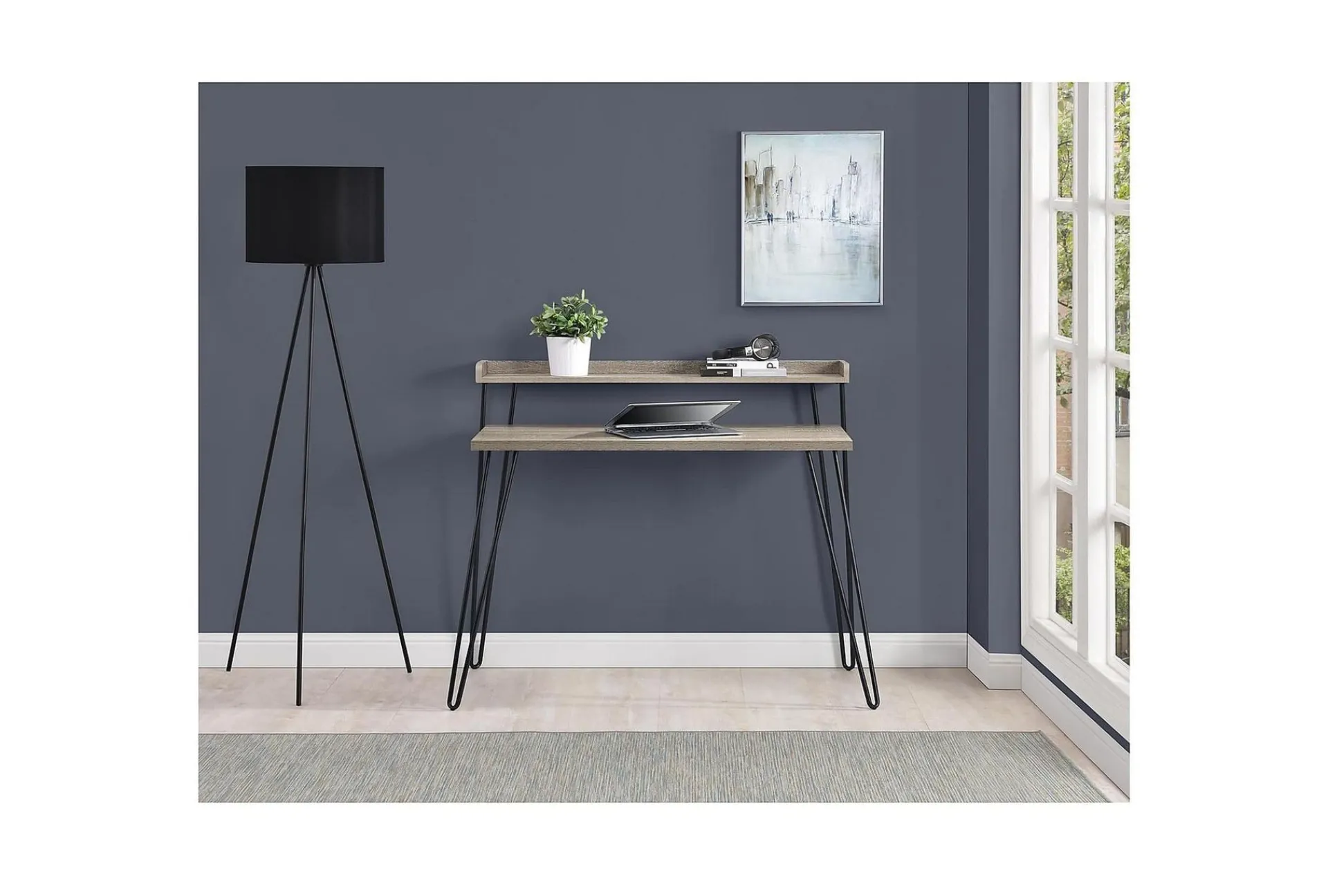 Dorel Home Kontorbord-Haven Skrivebord 114 cm med Oppbevaringshylle Grå/Svart Grå eik