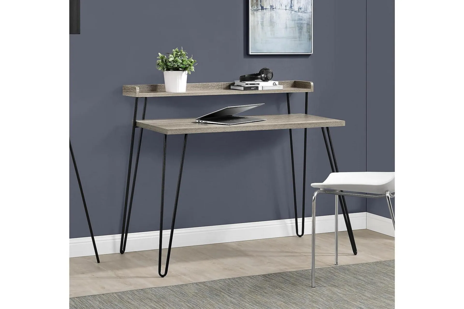 Dorel Home Kontorbord-Haven Skrivebord 114 cm med Oppbevaringshylle Grå/Svart Grå eik