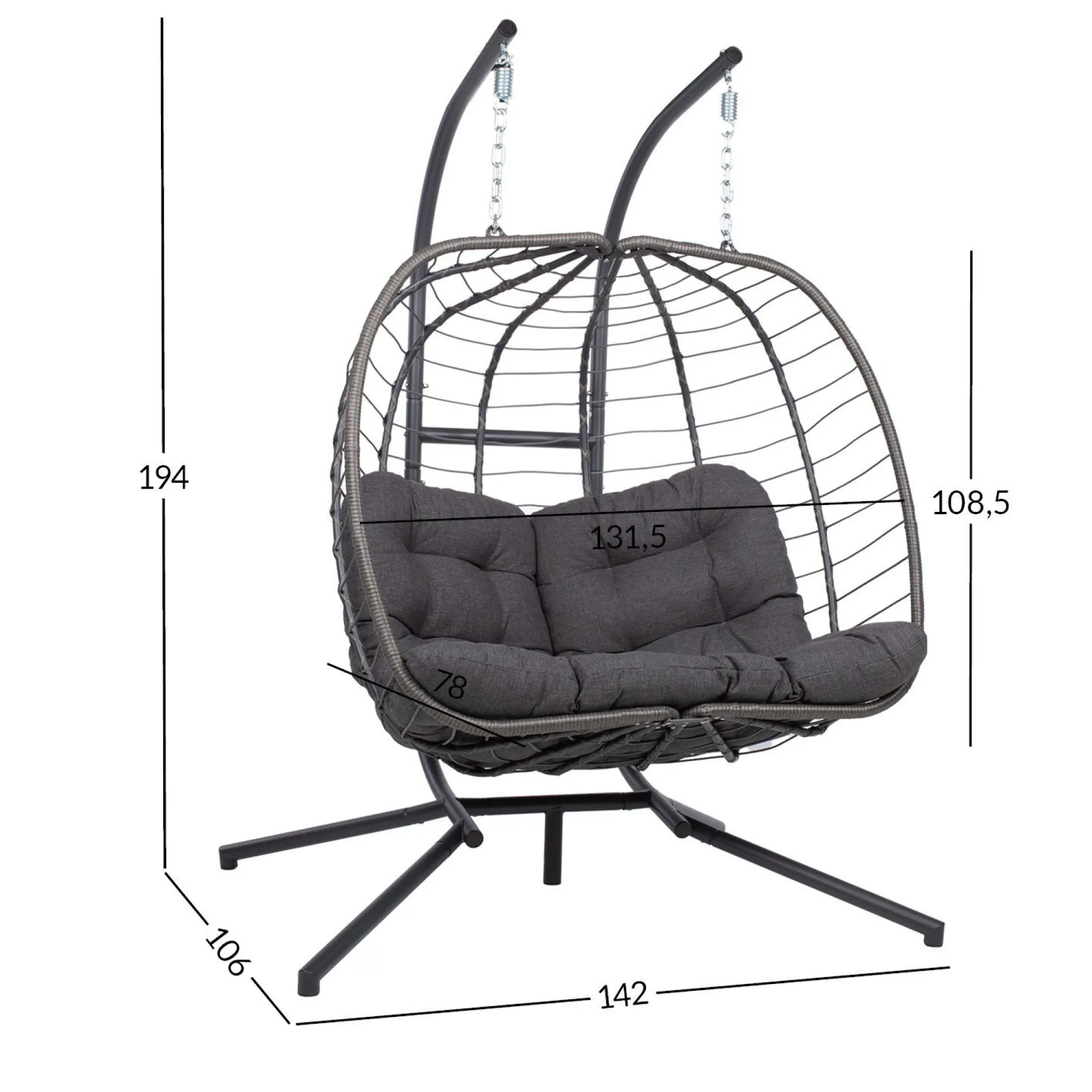 Hengestoler-Hengestol HOME4YOU Finse 2-seter 142x106x194 cm mørkegrå