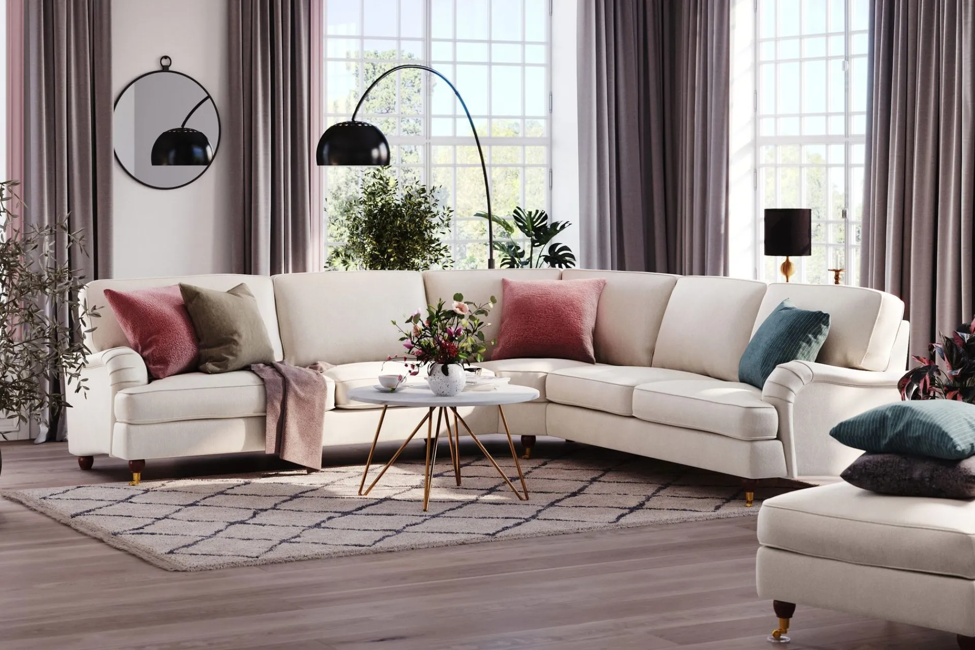 Bloomington Hjørnesofa|Velour Sofa & Fløyel Sofa-Howard Lyx 6-seters Høyrevendt L-formet Hjørnesofa i Fløyel Cremehvit