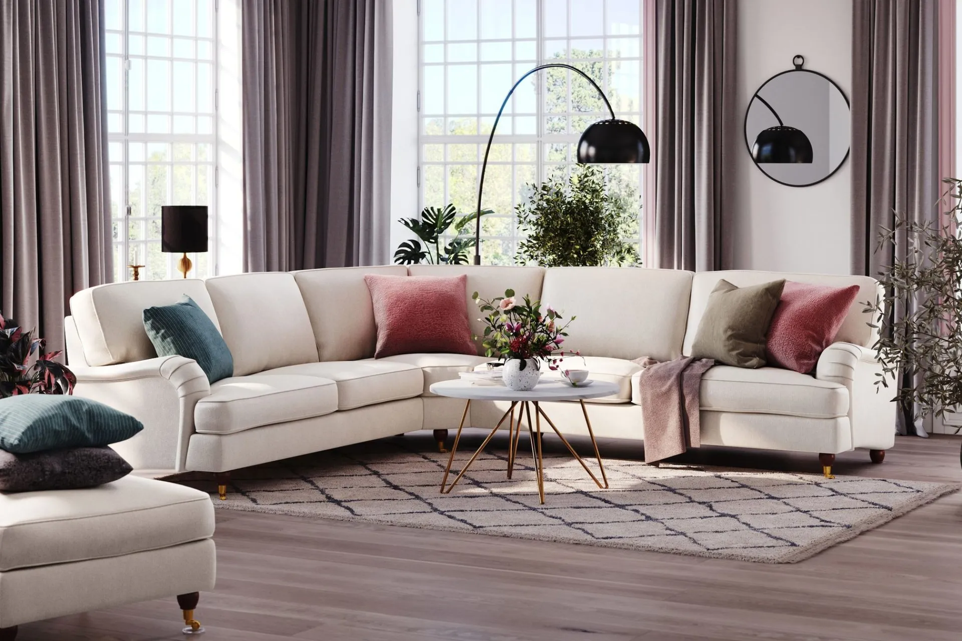 Bloomington Hjørnesofa|Velour Sofa & Fløyel Sofa-Howard Lyx 6-seters Venstrevendt L-formet Hjørnesofa i Fløyel Cremehvit