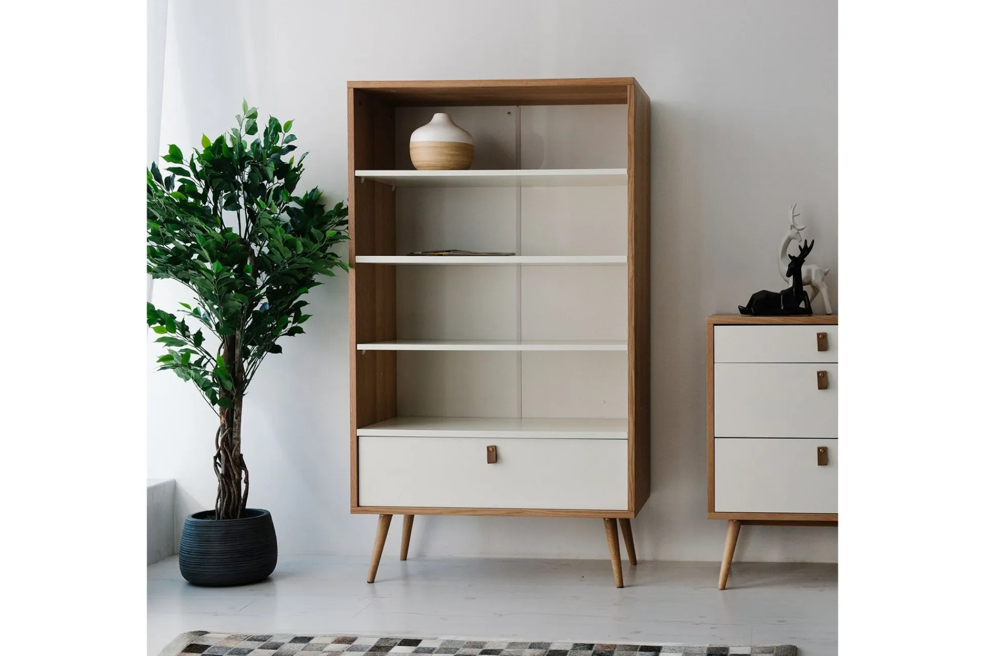 Bokhylle-Hylle HELENA 80x40xH140cm MDF naturlig / hvit Hvit,Tre/Natur