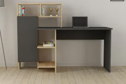 Kontorbord-Irbene Skrivebord 135 cm med Oppbevaring Hyller + Skap Natur,Antracit