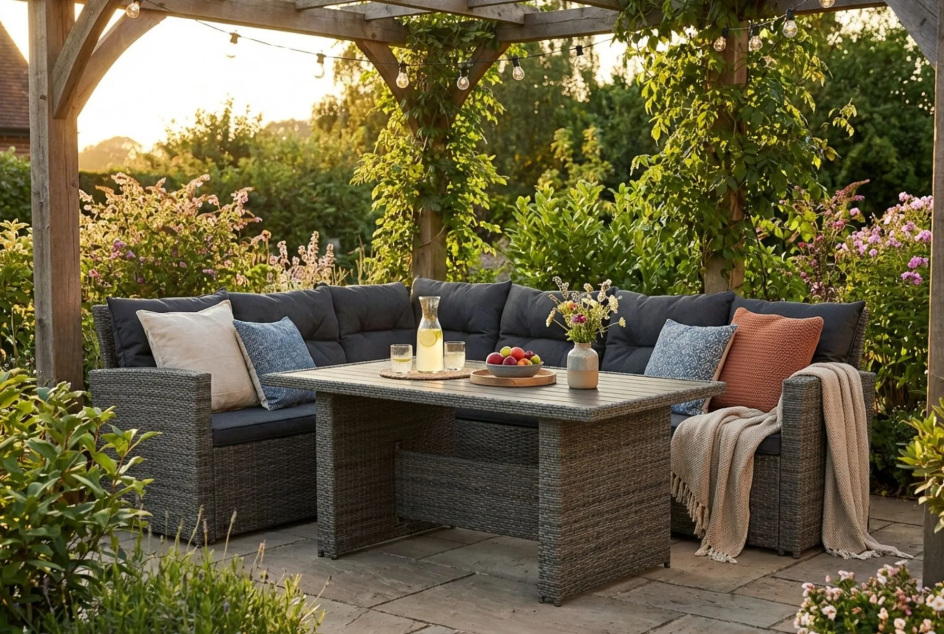 Comfort Garden Puteoppbevaring & Møbelbeskyttelse|Hagemøbler Barn-James loungegruppe utendørs venstre – 5-seters sofagruppe i kunstrotting Grå