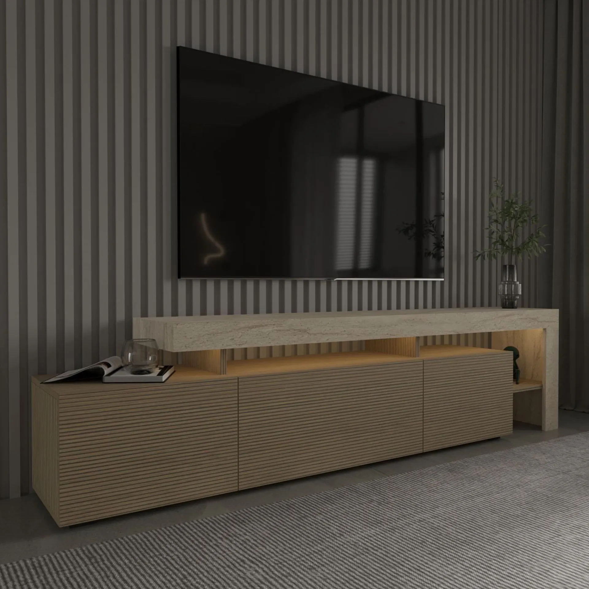 Tv-Benk & Mediabenk-Jurukovo TV-benk 192x53x37 cm Travertin, varm eik
