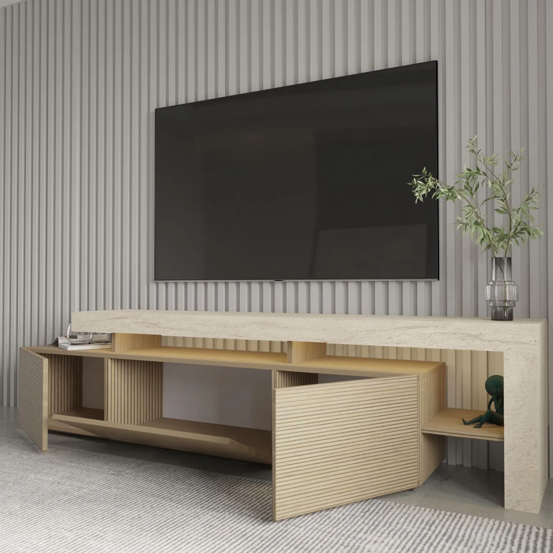 Tv-Benk & Mediabenk-Jurukovo TV-benk 192x53x37 cm Travertin, varm eik