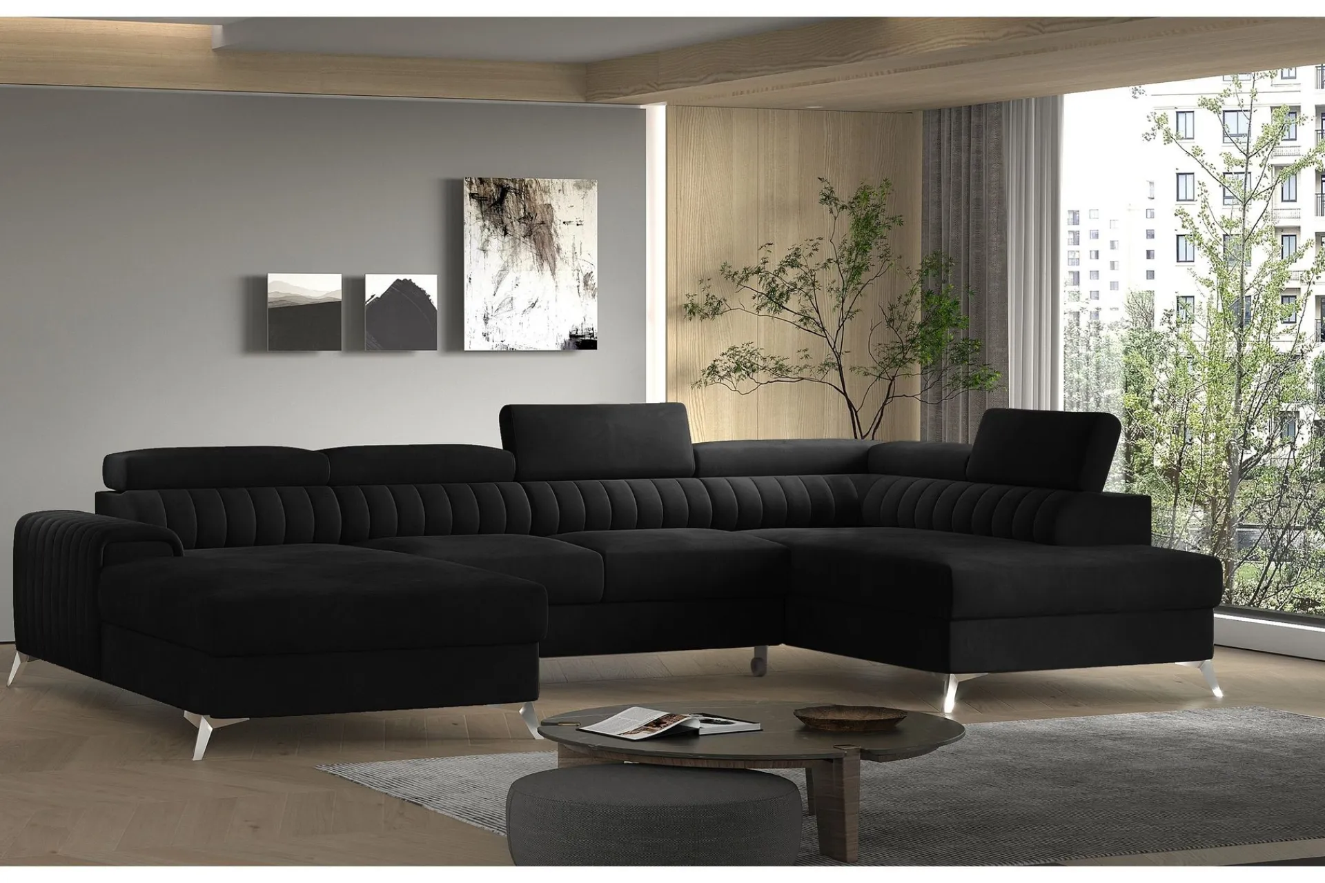 Velour Sofa & Fløyel Sofa|Sovesofaer-Kamran Sovesofa m. Divan og Sjeselong med Oppbevaring Svart