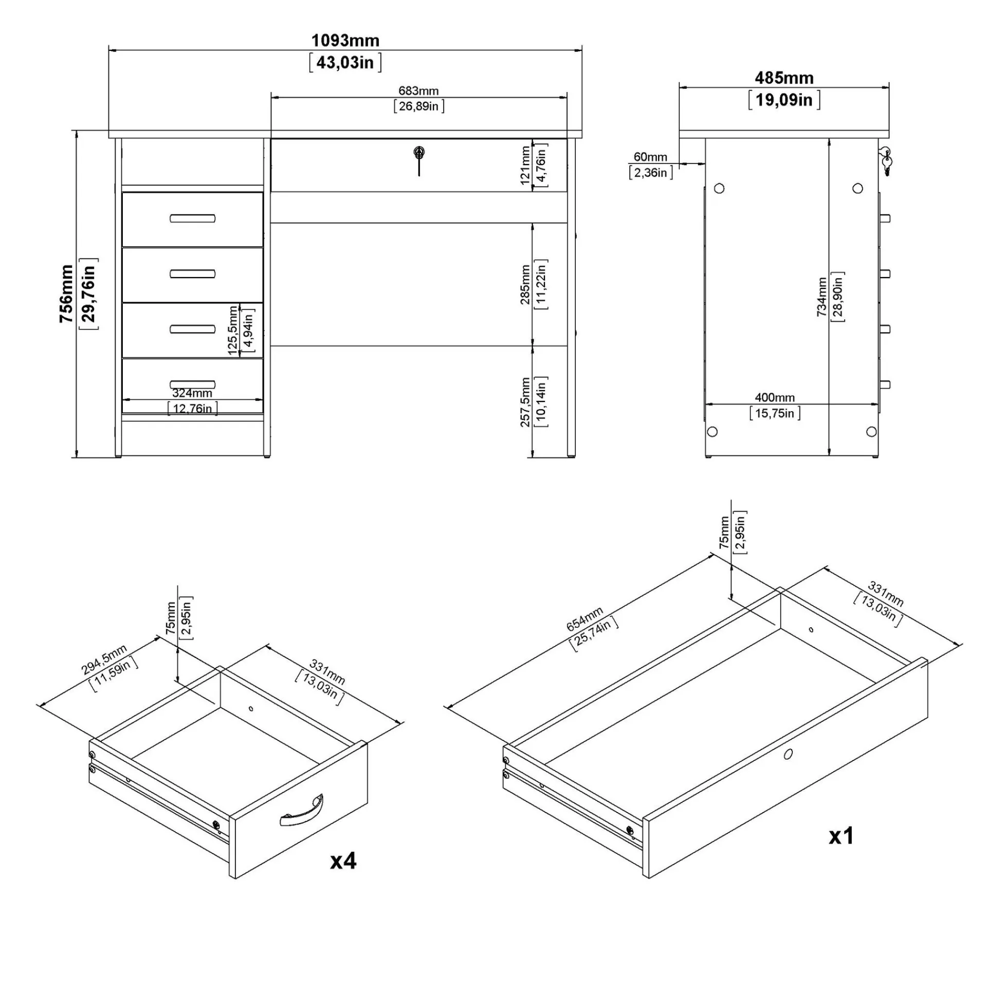 Tvilum Klintberg Skrivebord med 5 skuffer 109x48x76 cm