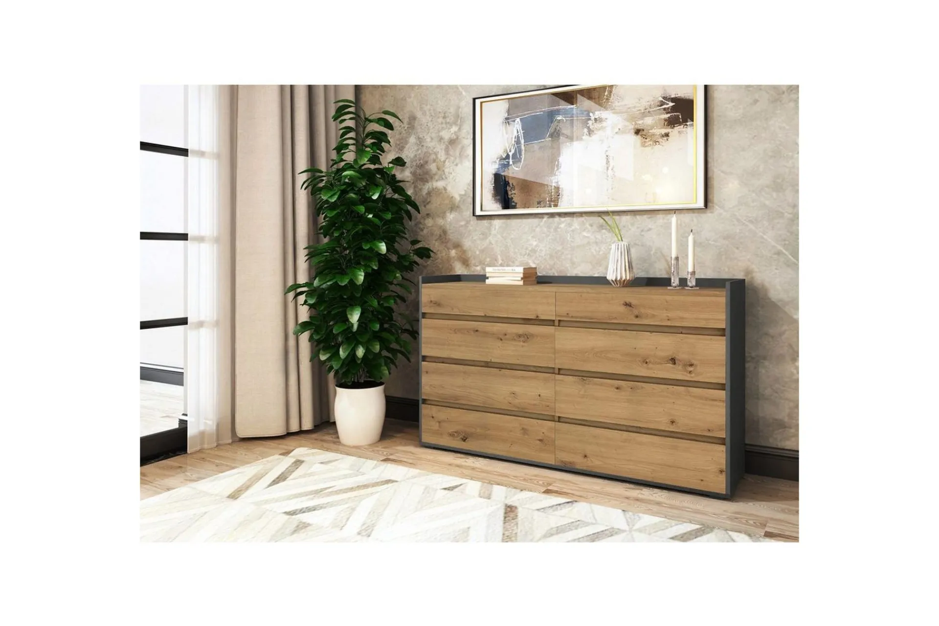 Loft24 Kommode Kosmo Antrasitt/Eik, 8 skuffer