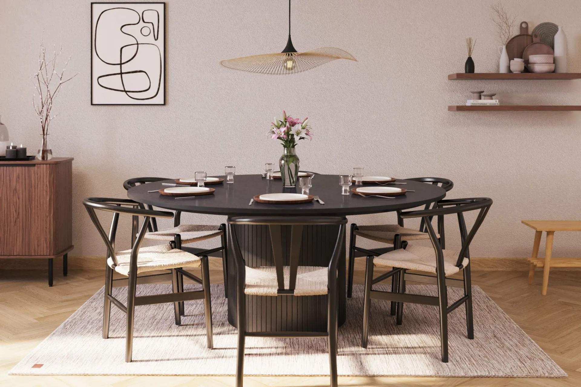 Bark Spisegrupper-Kopparbo Matgruppe 180 cm med 6 Dastoori Spisestol Svart