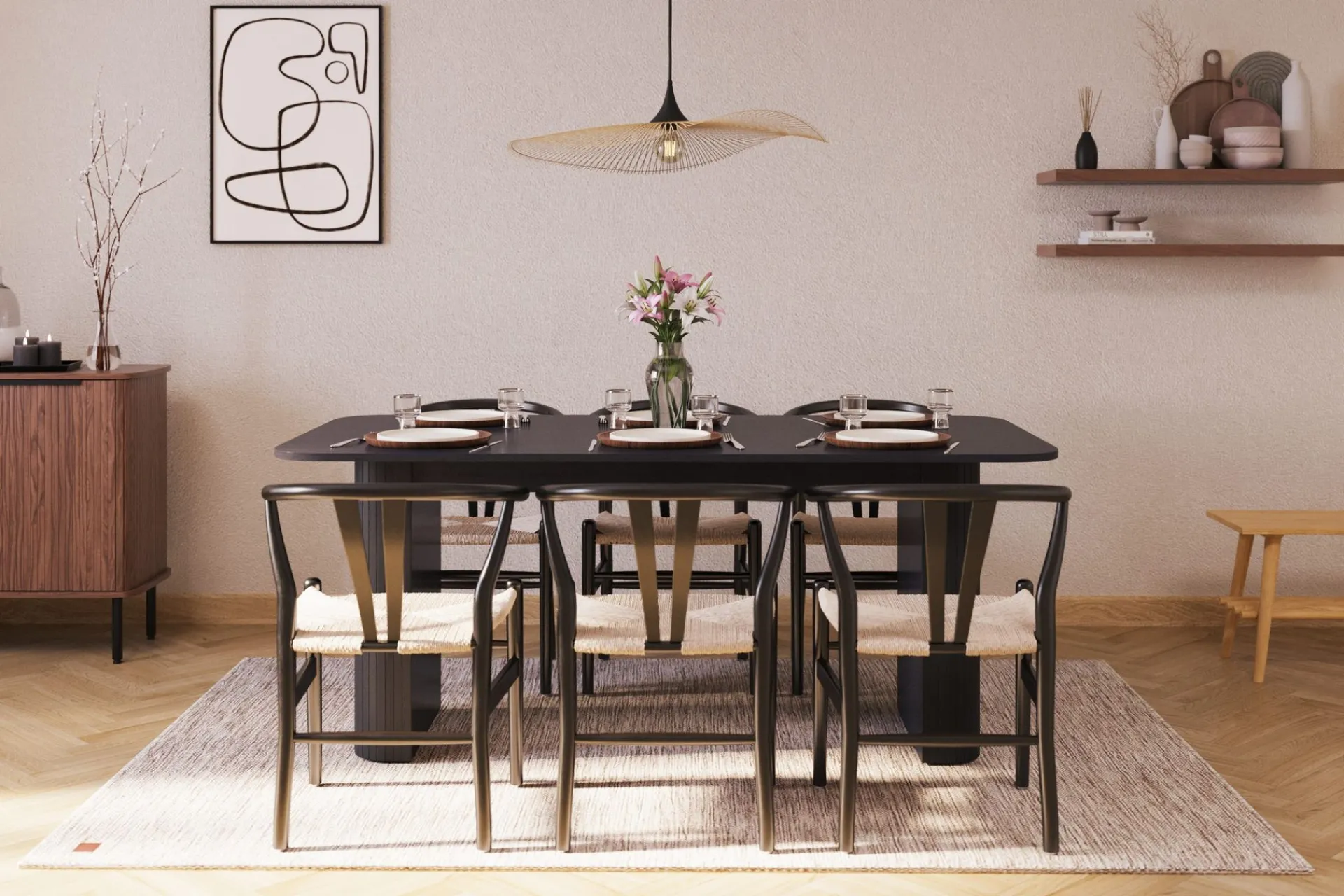 Bark Kopparbo Matgruppe forlengelsesbart 180-240 cm med 6 Dastoori Spisestol