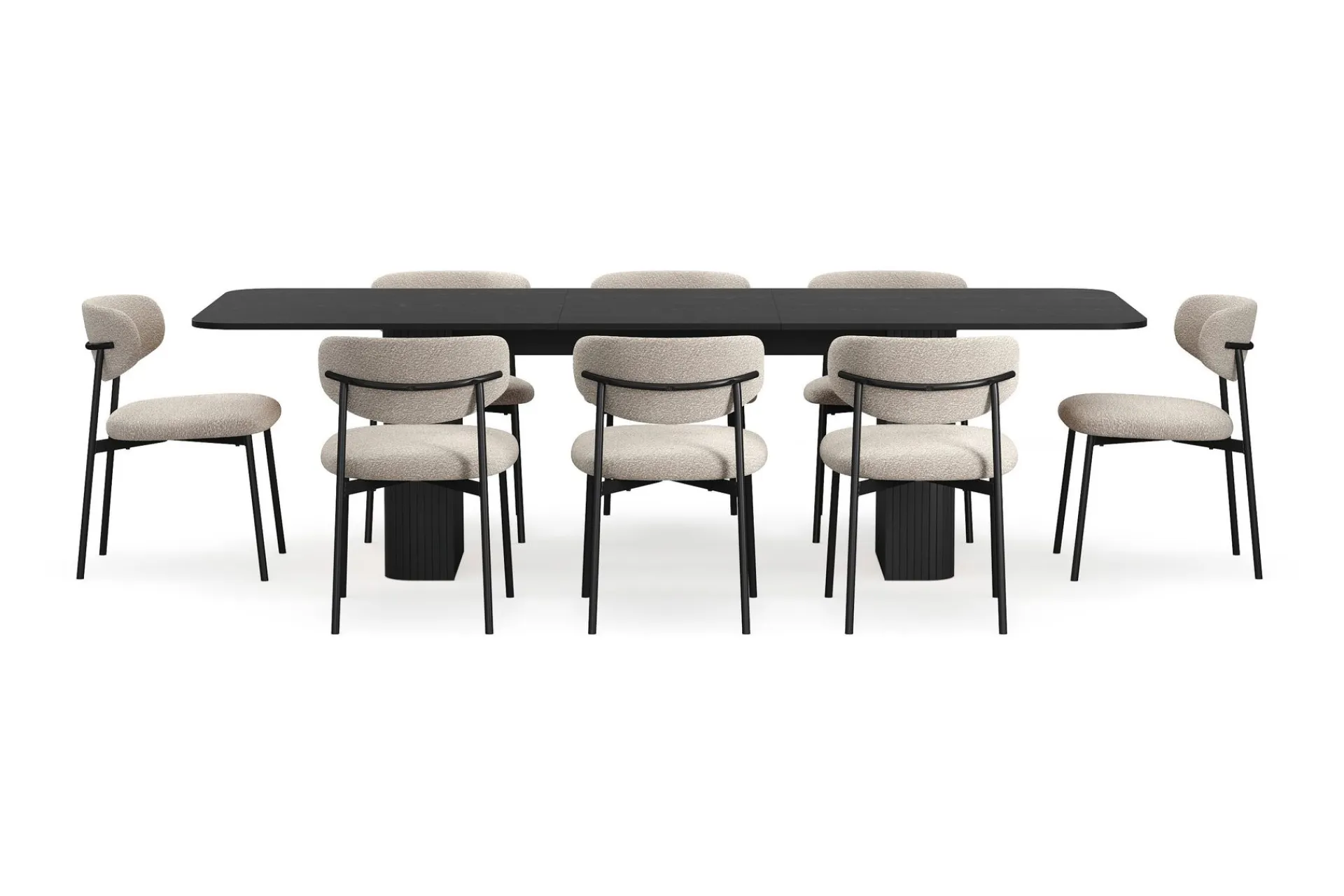 Bark Kopparbo Spisebord 200-260 cm Uttrekkbart med 8 Lucy Spisestoler