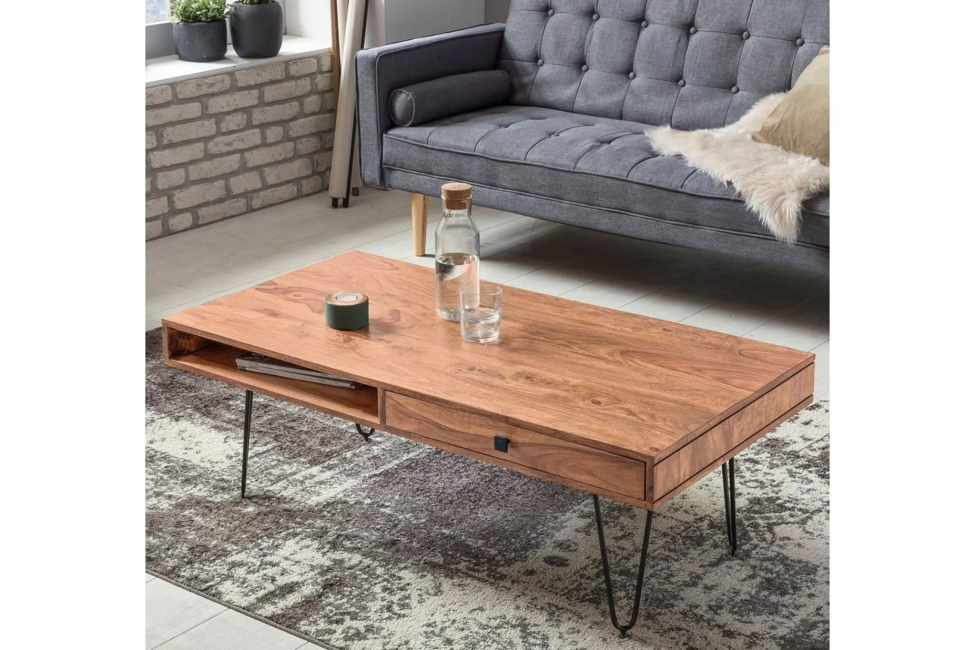 Wohnling Langner Sofabord 60 cm med Oppbevaring 2 Skuffer + Hyller