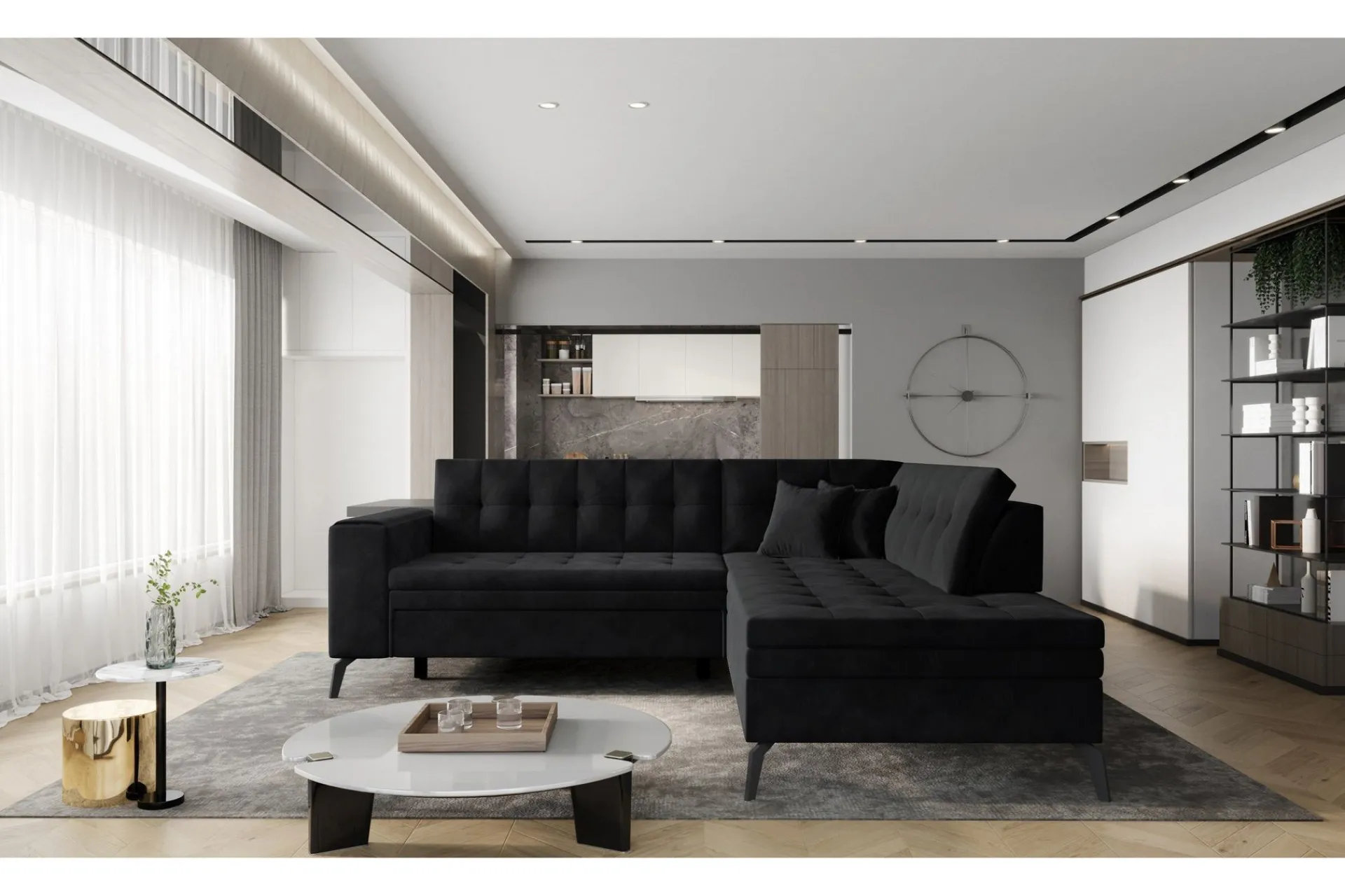 Velour Sofa & Fløyel Sofa|Sofa Med Sjeselong-Lanvin sofa med Sjeselong Høyre Svart
