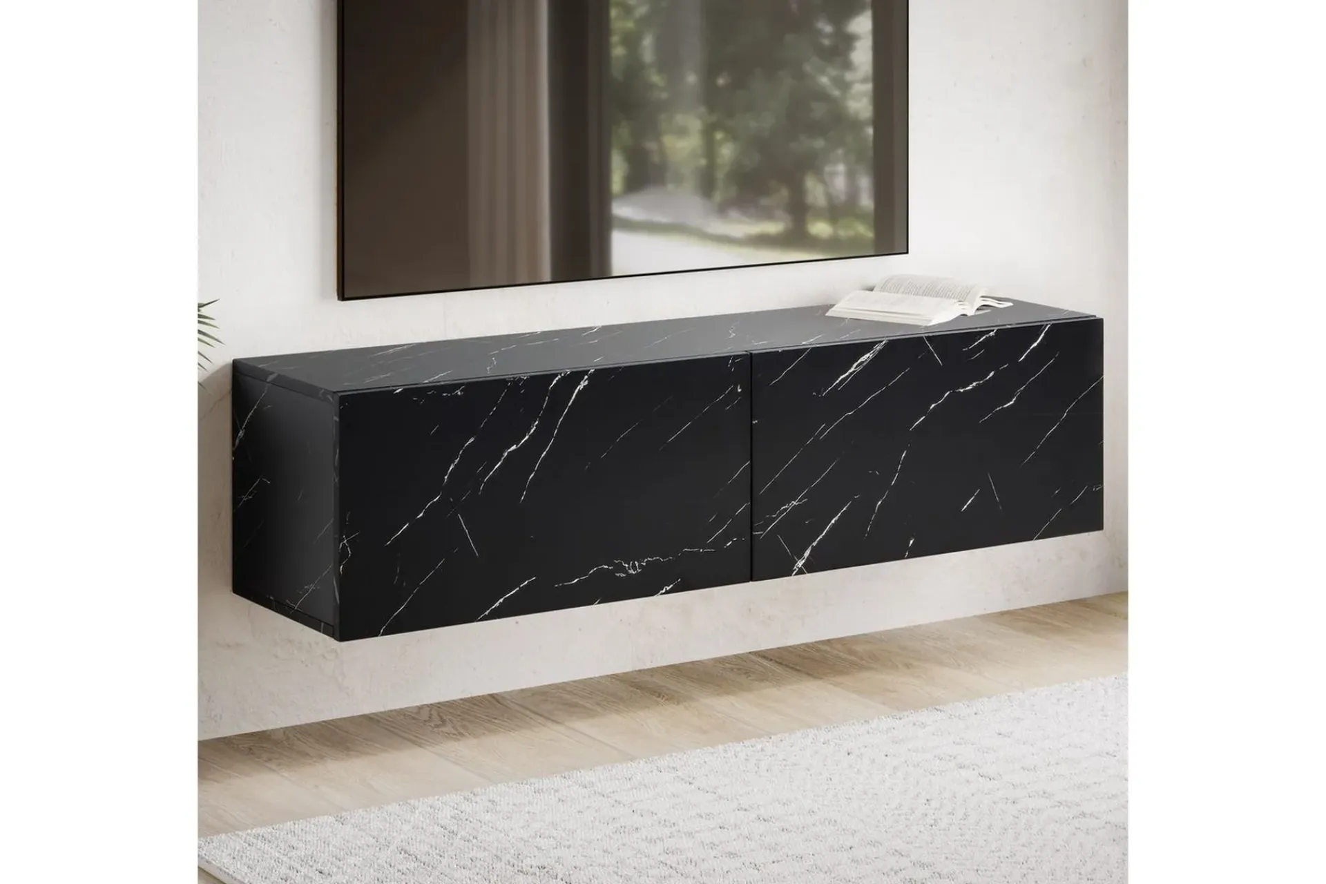 Wohnling Mediestativ & Veggfeste-Lavbord Foliert oppheng med klaffdør Moderne Marmor, , 120 cm Svart