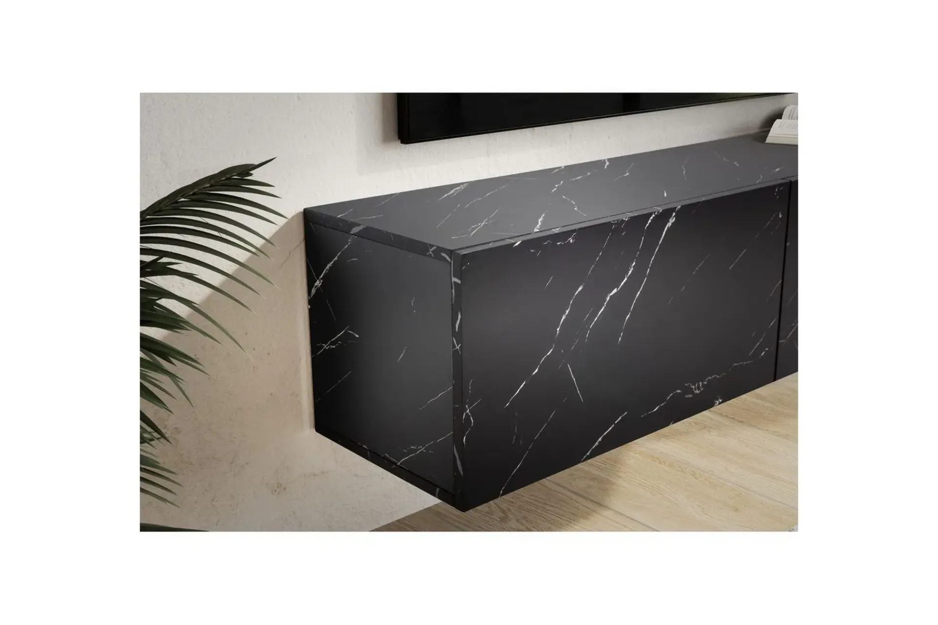 Wohnling Mediestativ & Veggfeste-Lavbord Foliert oppheng med klaffdør Moderne Marmor, , 120 cm Svart
