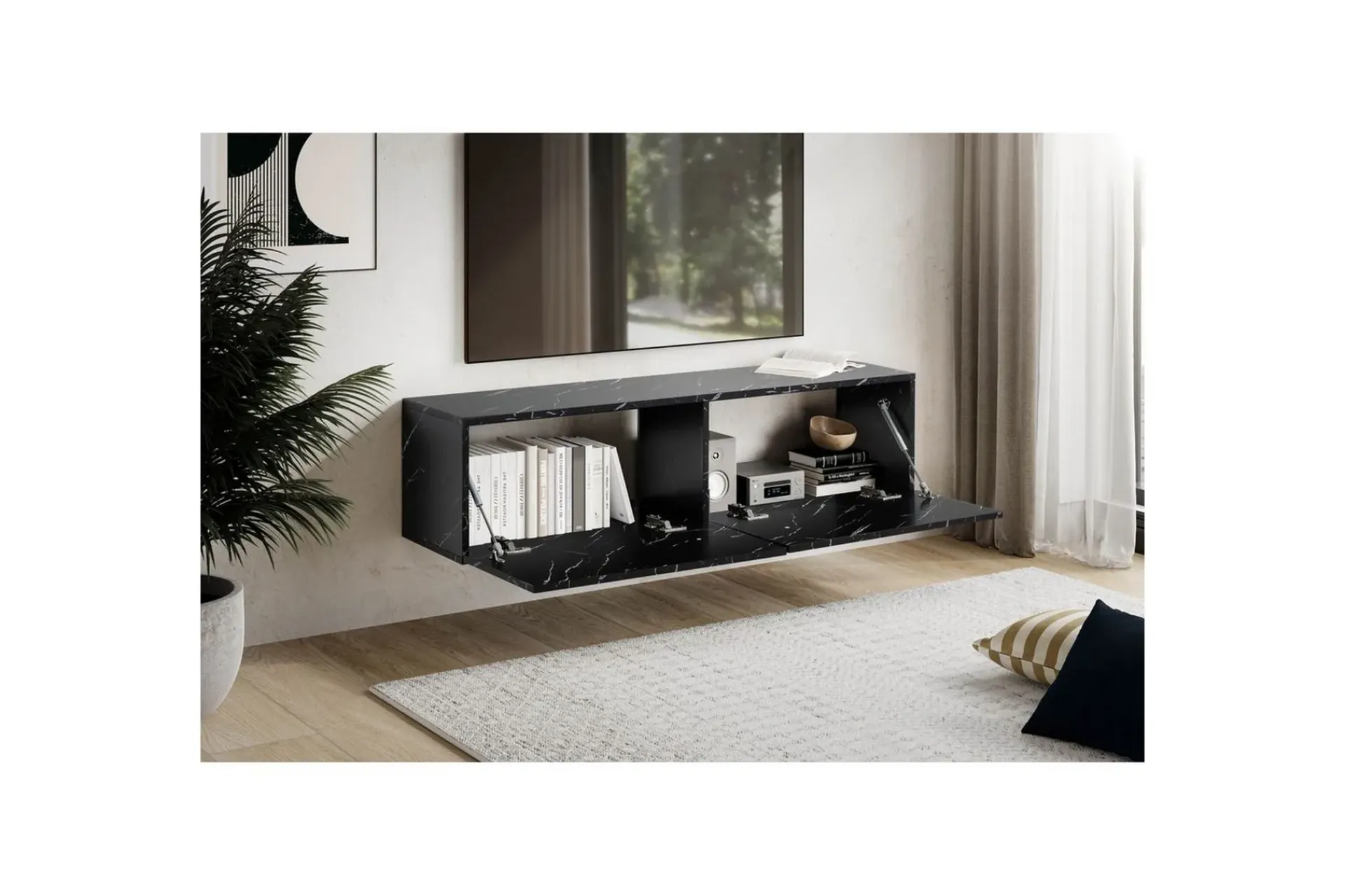 Wohnling Mediestativ & Veggfeste-Lavbord Foliert oppheng med klaffdør Moderne Marmor, , 120 cm Svart
