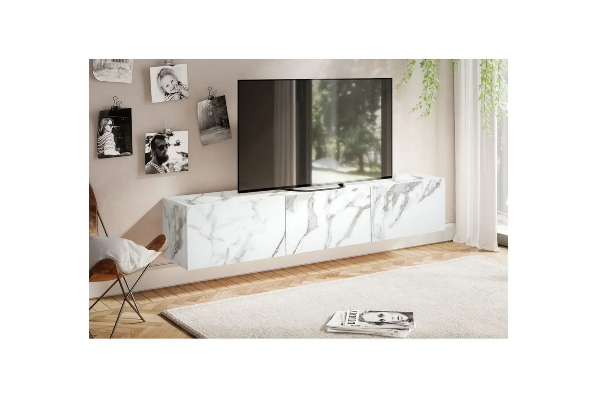 Wohnling Tv-Hylle-Lavbord Foliert oppheng med klaffdør Moderne Marmor, , 160 cm Hvit