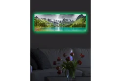 Lerretsbilde med LED-belysning 30x90 cm - Storslått fjellandskap med en glitrende innsjø