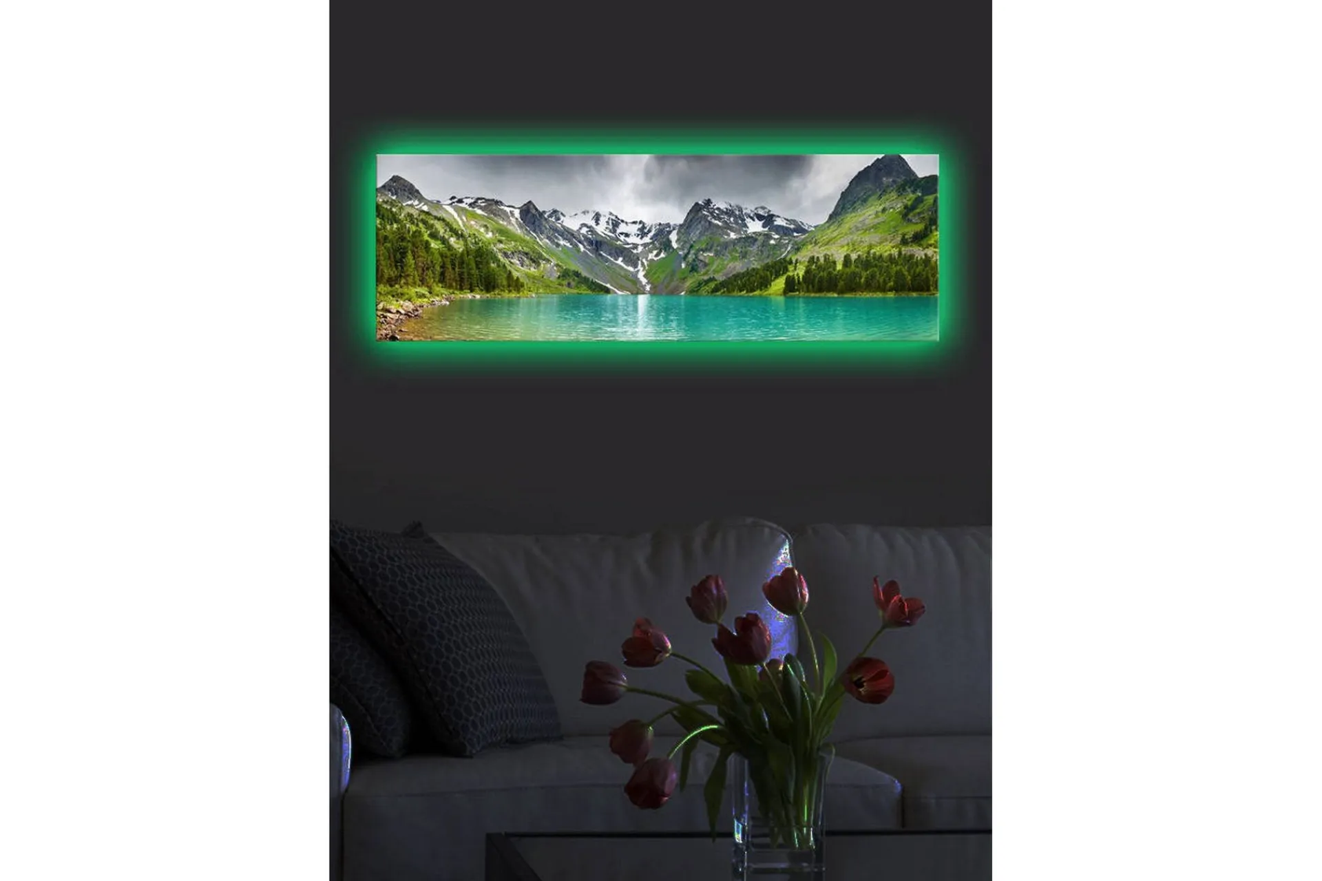Lerretsbilde med LED-belysning 30x90 cm - Storslått fjellandskap med en glitrende innsjø