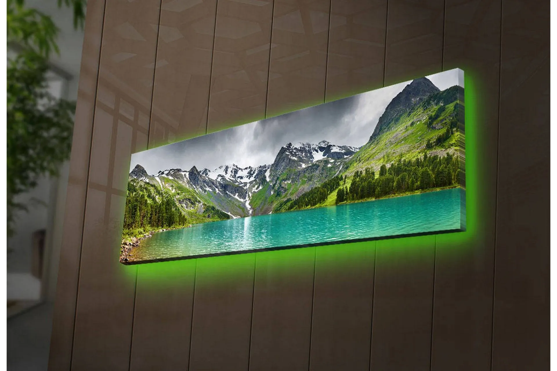 Lerretsbilde med LED-belysning 30x90 cm - Storslått fjellandskap med en glitrende innsjø