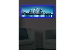 Lerretsbilder|Lerretsbilder-Lerretsbilde med LED-belysning 30x90 cm - Bysilhuett med moderne skyskrapere ved vannkanten Flerfärgad