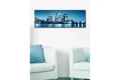 Lerretsbilder|Lerretsbilder-Lerretsbilde med LED-belysning 30x90 cm - Bysilhuett med moderne skyskrapere ved vannkanten Flerfärgad