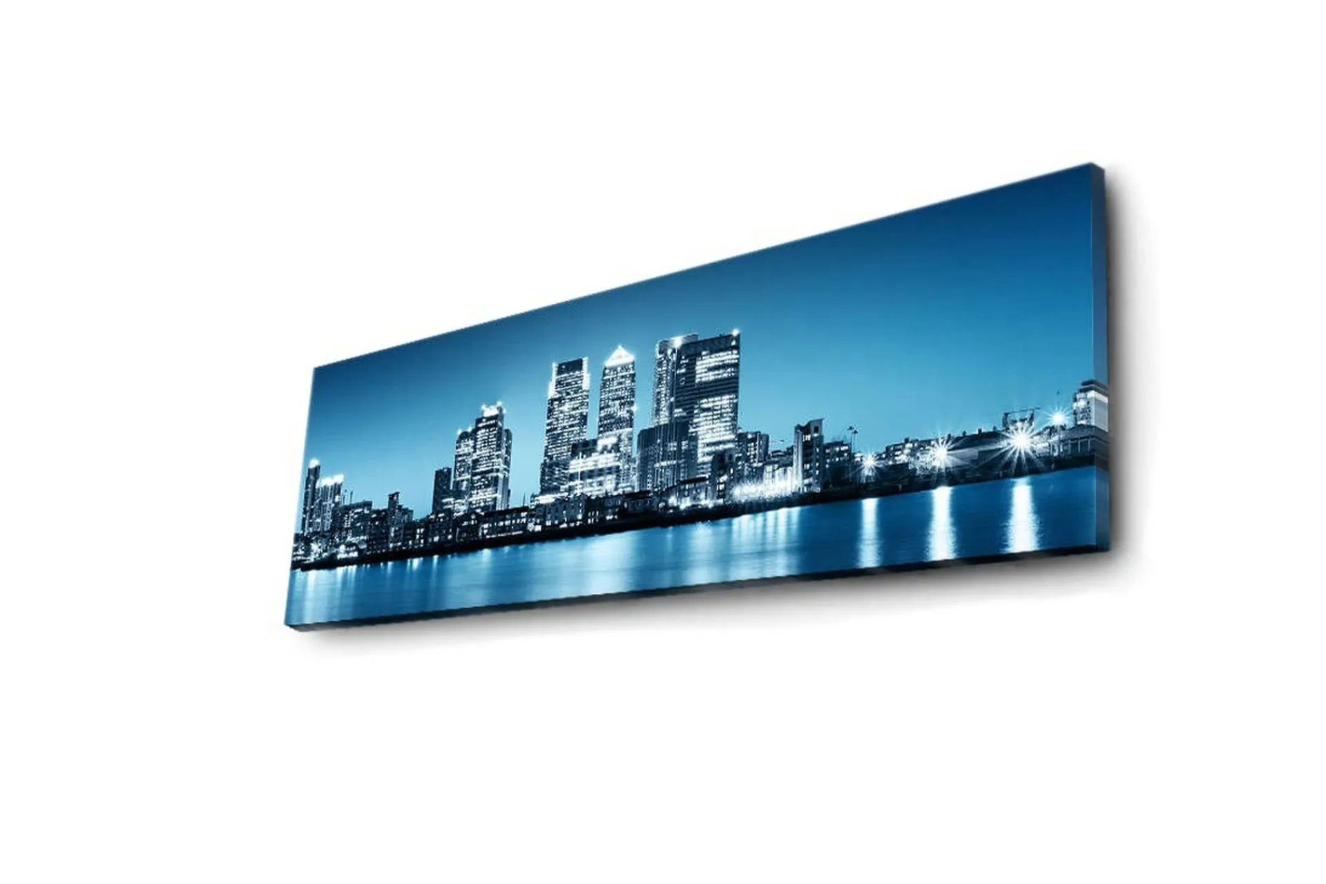 Lerretsbilder|Lerretsbilder-Lerretsbilde med LED-belysning 30x90 cm - Bysilhuett med moderne skyskrapere ved vannkanten Flerfärgad