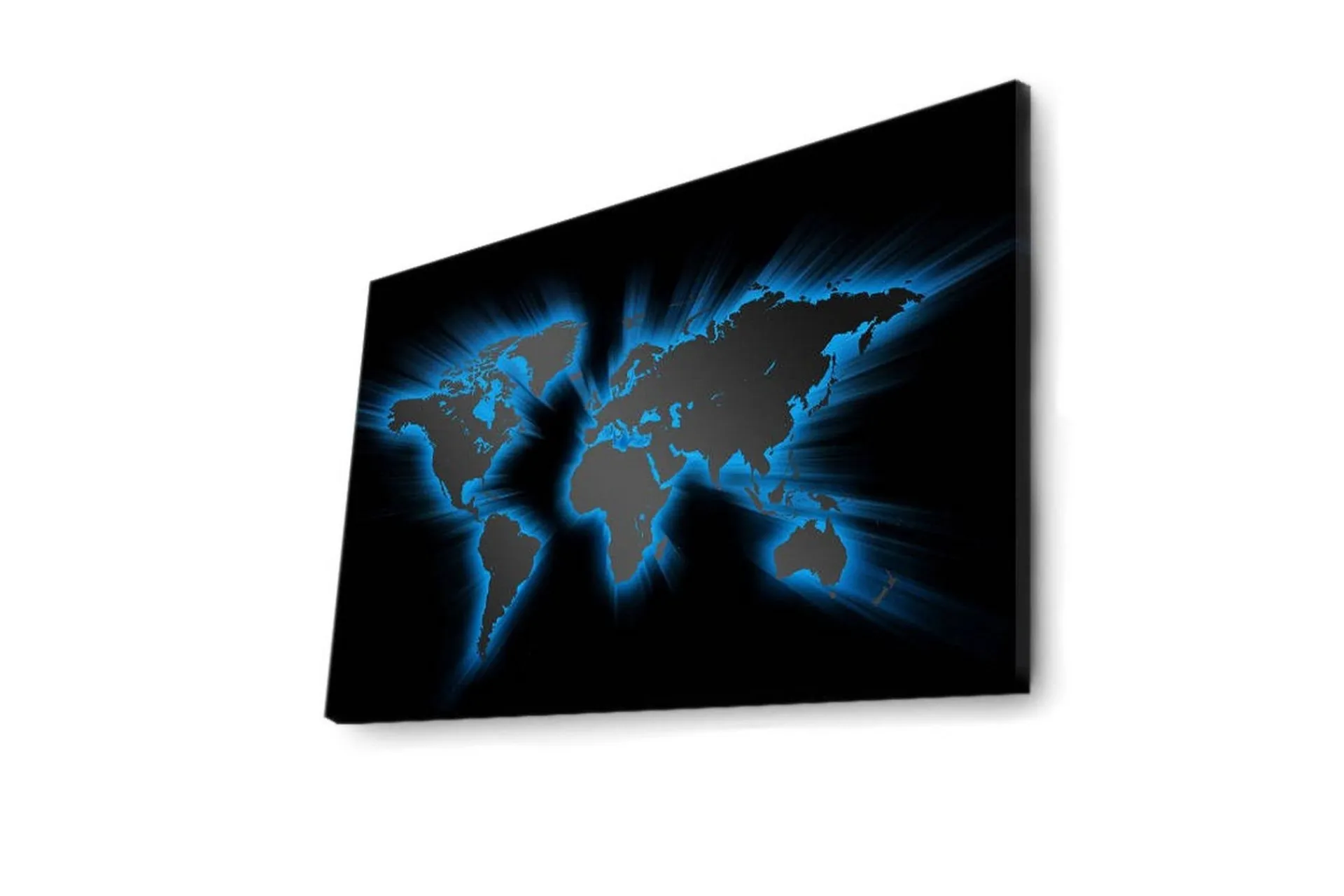 Lerretsbilde med LED-belysning 45x70 cm - Verdenskart med lyseblå konturer mot svart bakgrunn