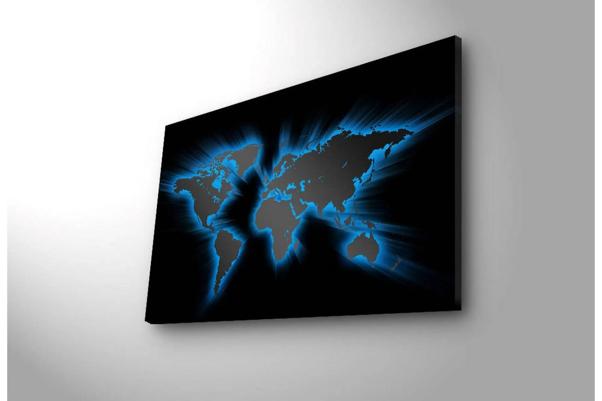Lerretsbilde med LED-belysning 45x70 cm - Verdenskart med lyseblå konturer mot svart bakgrunn