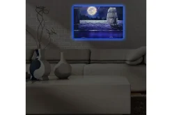 Lerretsbilde med LED-belysning 45x70 cm - Skip som seiler under fullmåne på en stjerneklar natt