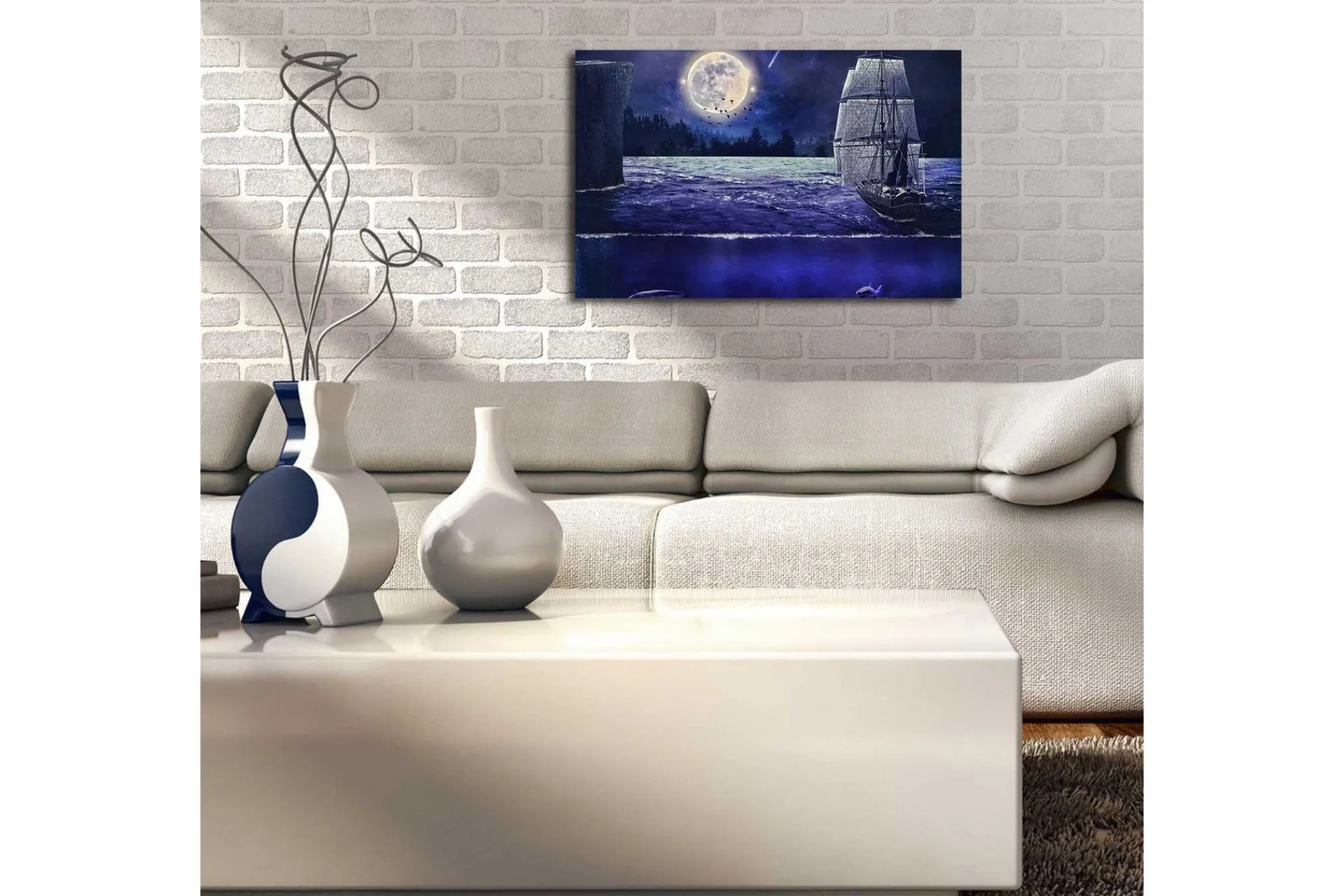 Lerretsbilde med LED-belysning 45x70 cm - Skip som seiler under fullmåne på en stjerneklar natt